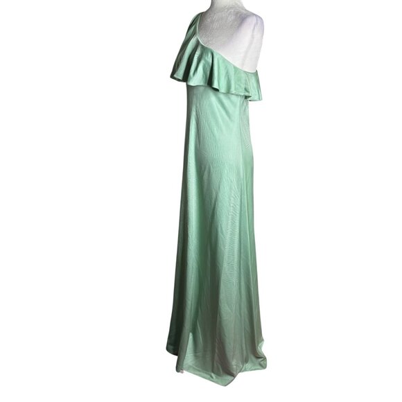 Vintage 70s One Shoulder Mint Green Maxi Dress Small Ruffle Overlay Zipper - Picture 5 of 12